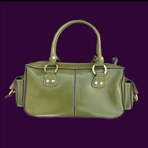 moss green shoulder bag with gold accents